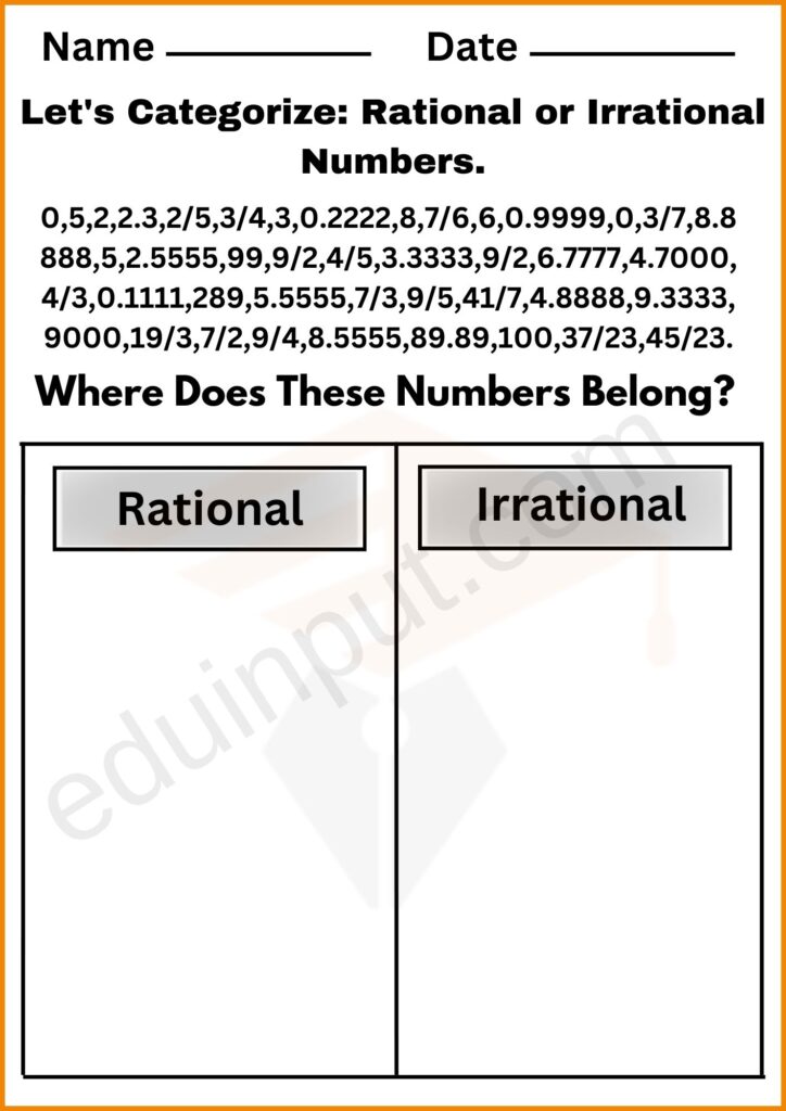 Categorize Rational and Irrational Number Worksheet