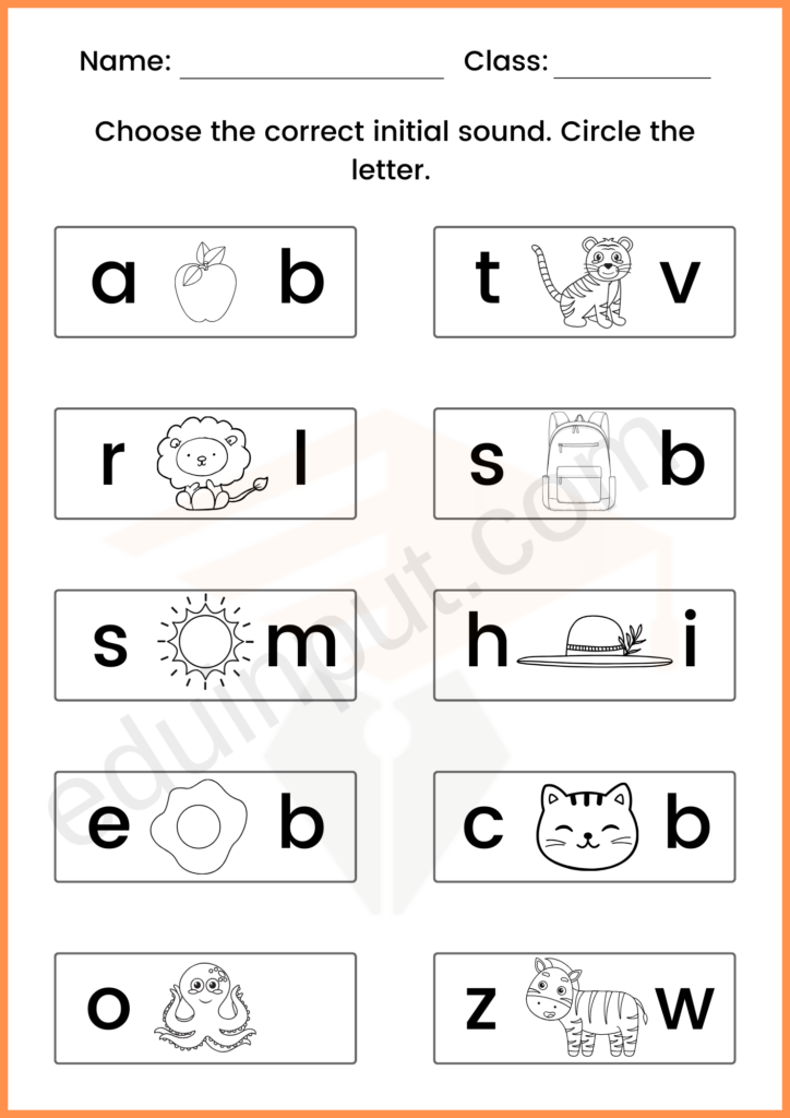 Choose the correct initial sound independent worksheet of kindergarten