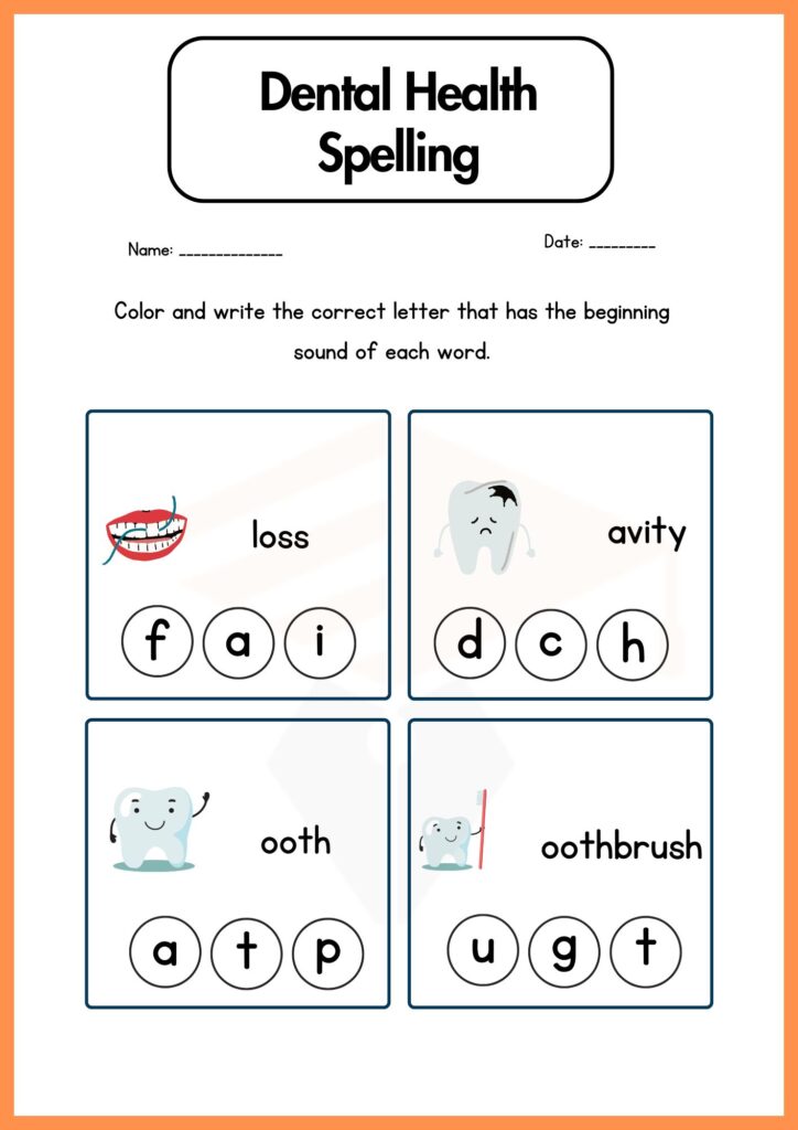 Dental Health Spelling Worksheet of Kindergarten