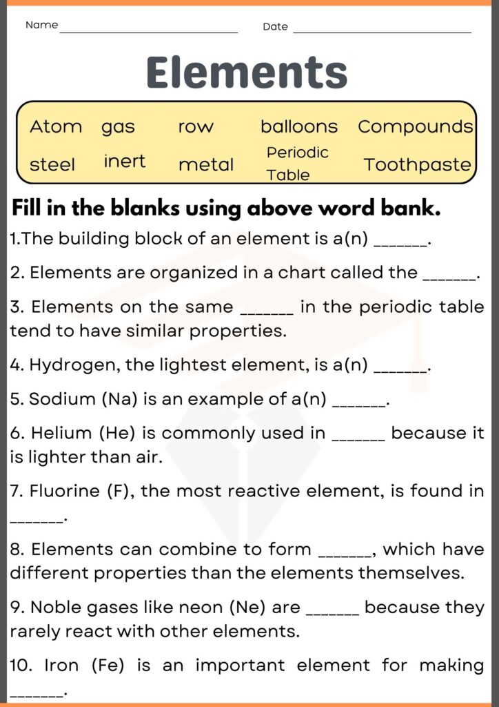 Elements worksheet for grade 7