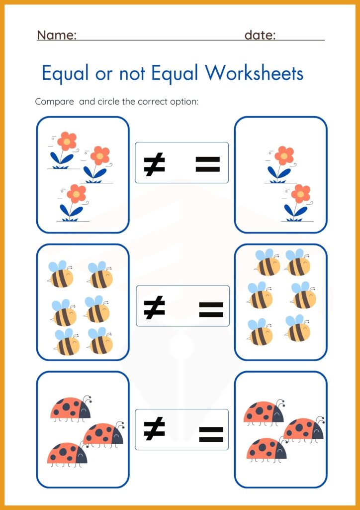 Equal or not Equal worksheet 3 for kindergarten