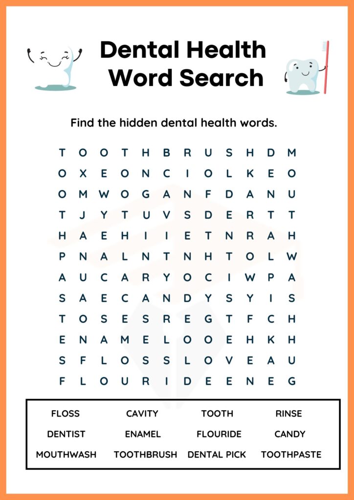 Hidden Dental Health Word Search worksheet of kindergarten