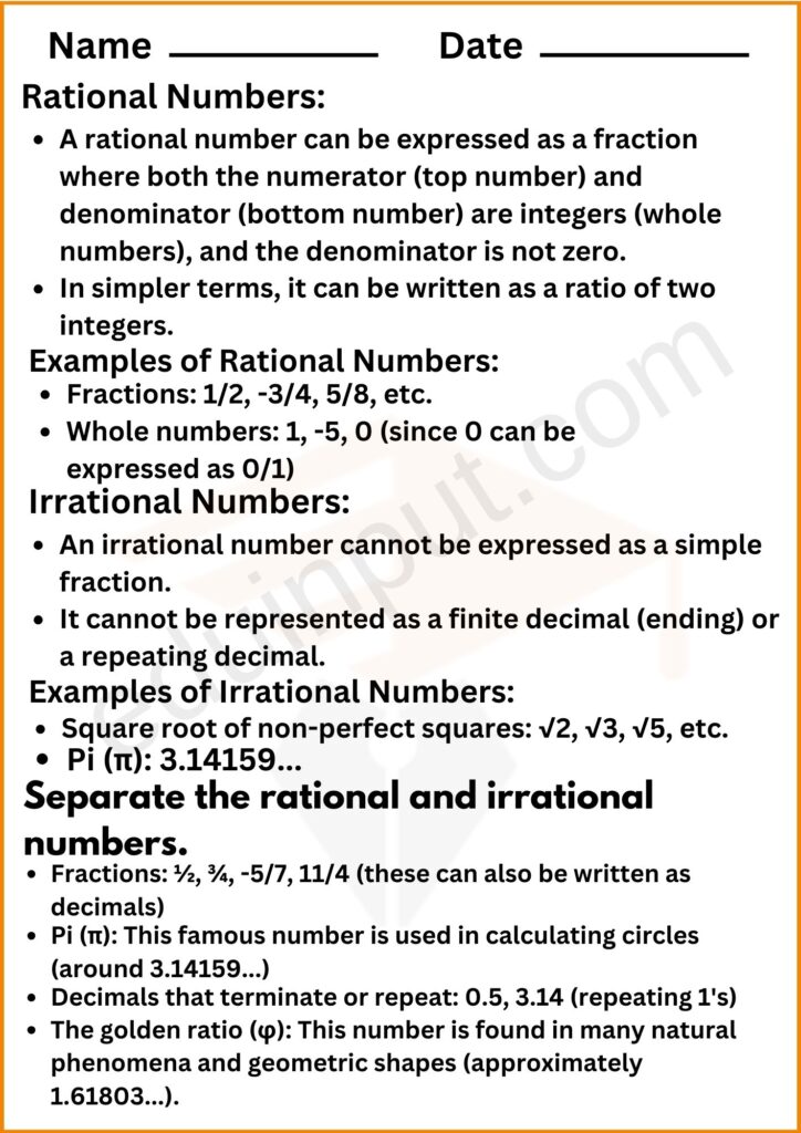 Introduction of Rational and Irrational Number worksheet