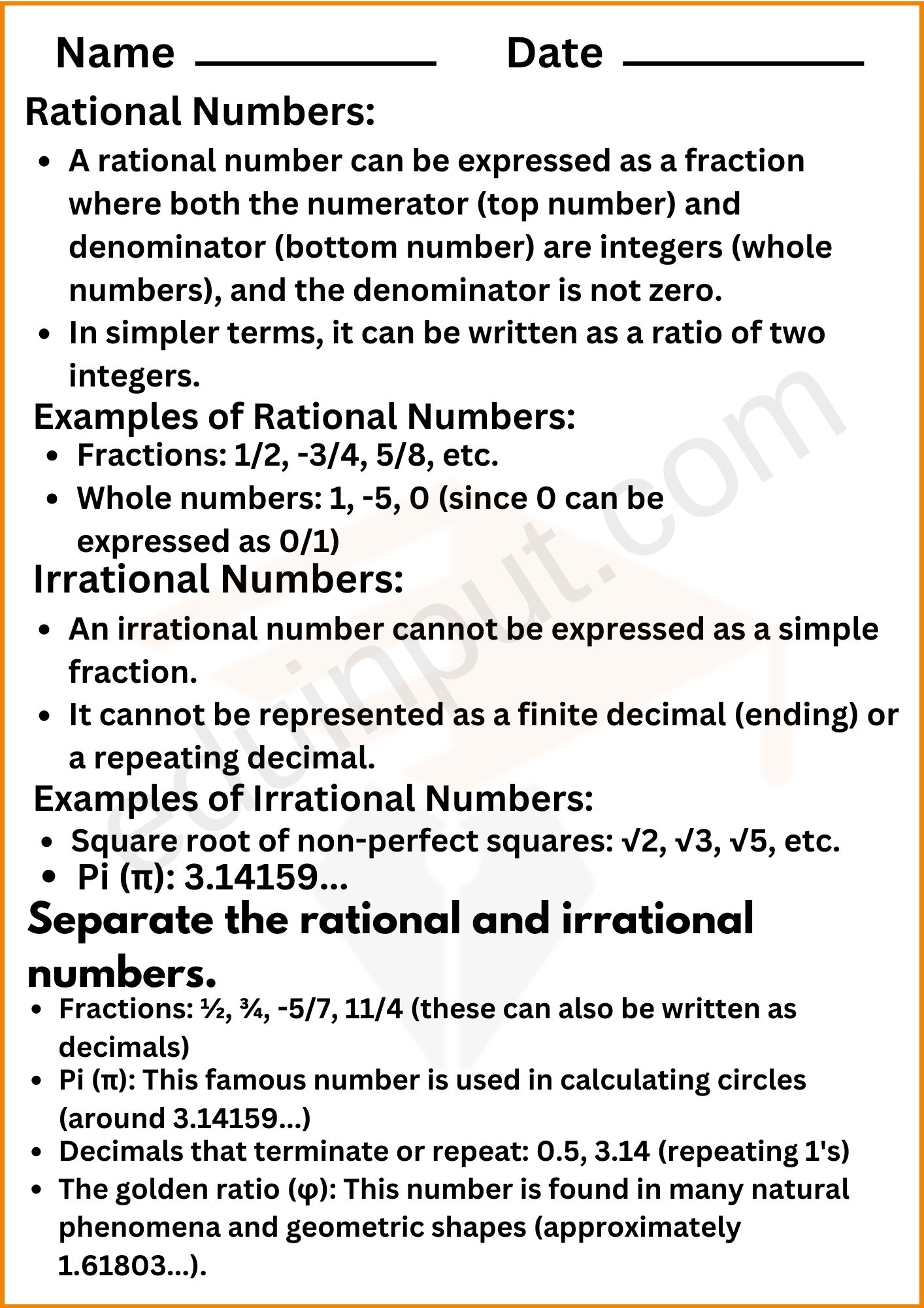Rational and Irrational Number Worksheets
