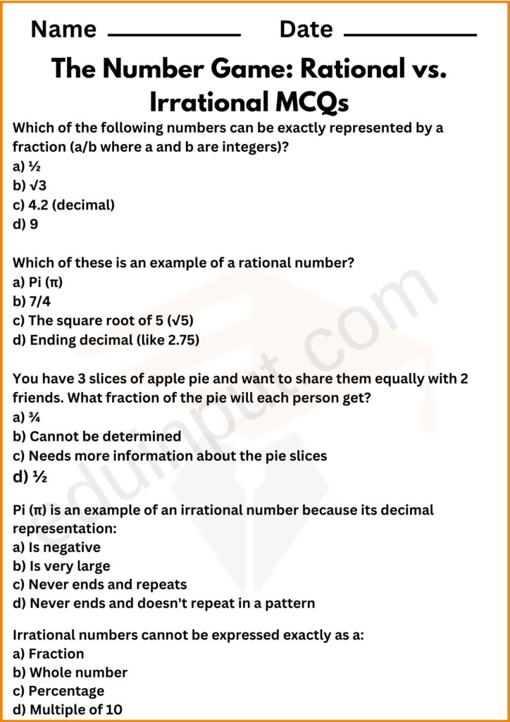 Multiple Choice Question Worksheet of Rational and Irrational Number