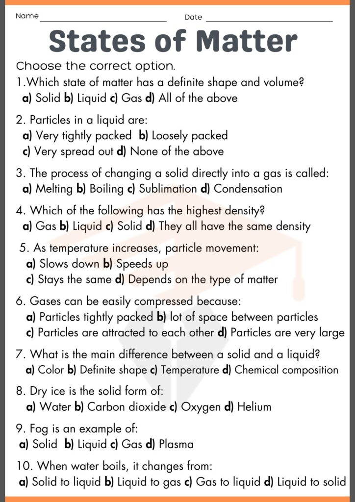 States of Matter worksheet for grade 7