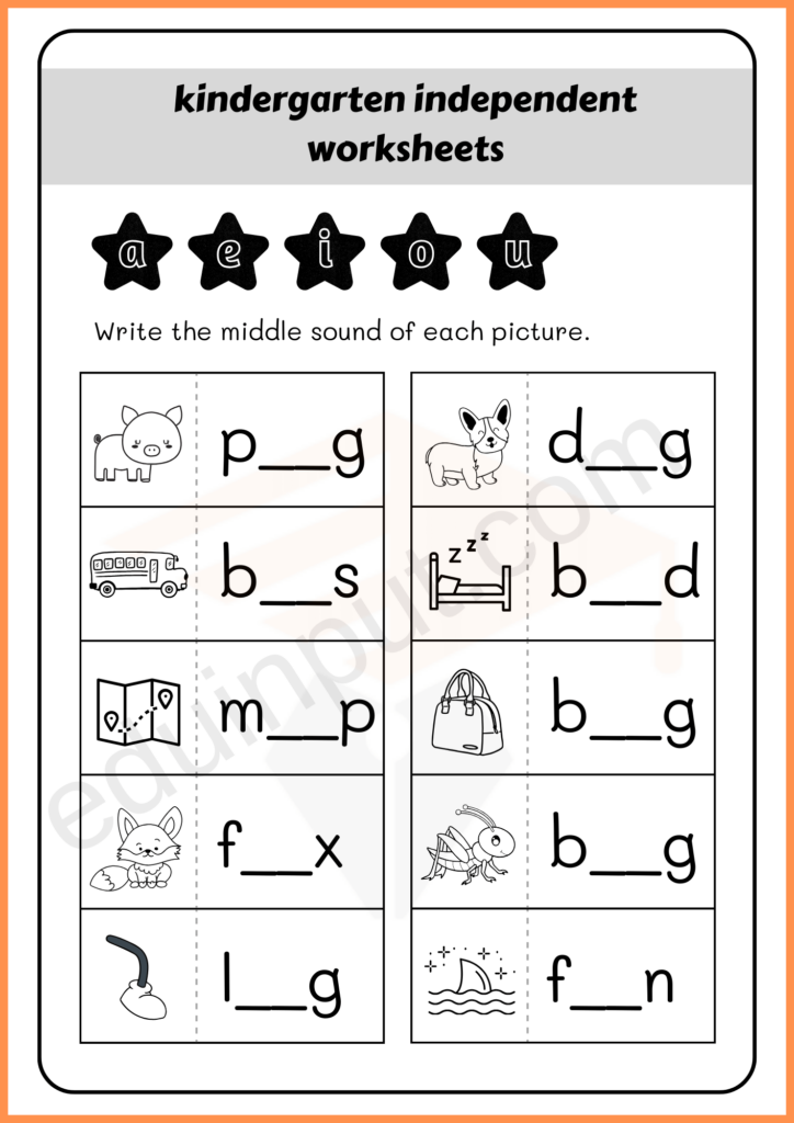 write the middle sound independent worksheet of kindergarten