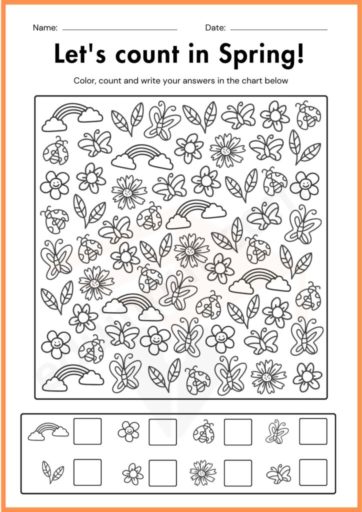 Color count and write spring items worksheets for kindergarten