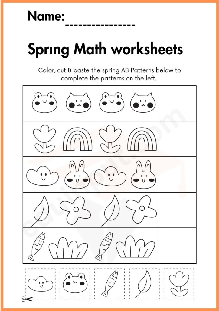 Color, cut and paste spring items worksheet for kindergarten