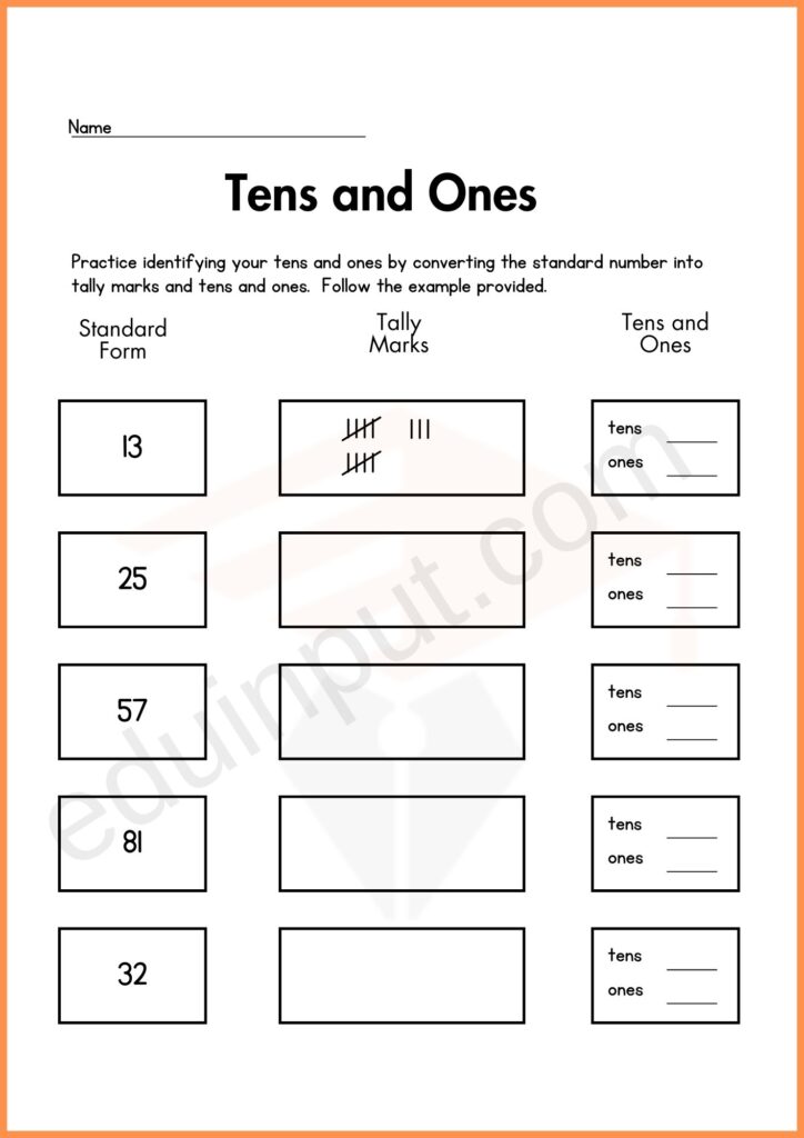 Convert standard numbers into tally marks and tens and ones worksheet