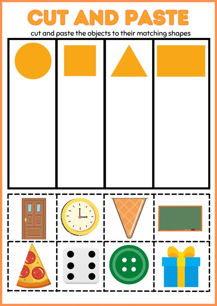 Cut and paste objects to their matching shapes worksheet for kindergarten