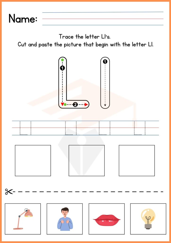 Cut and paste the picture that begin with the letter Ll worksheet