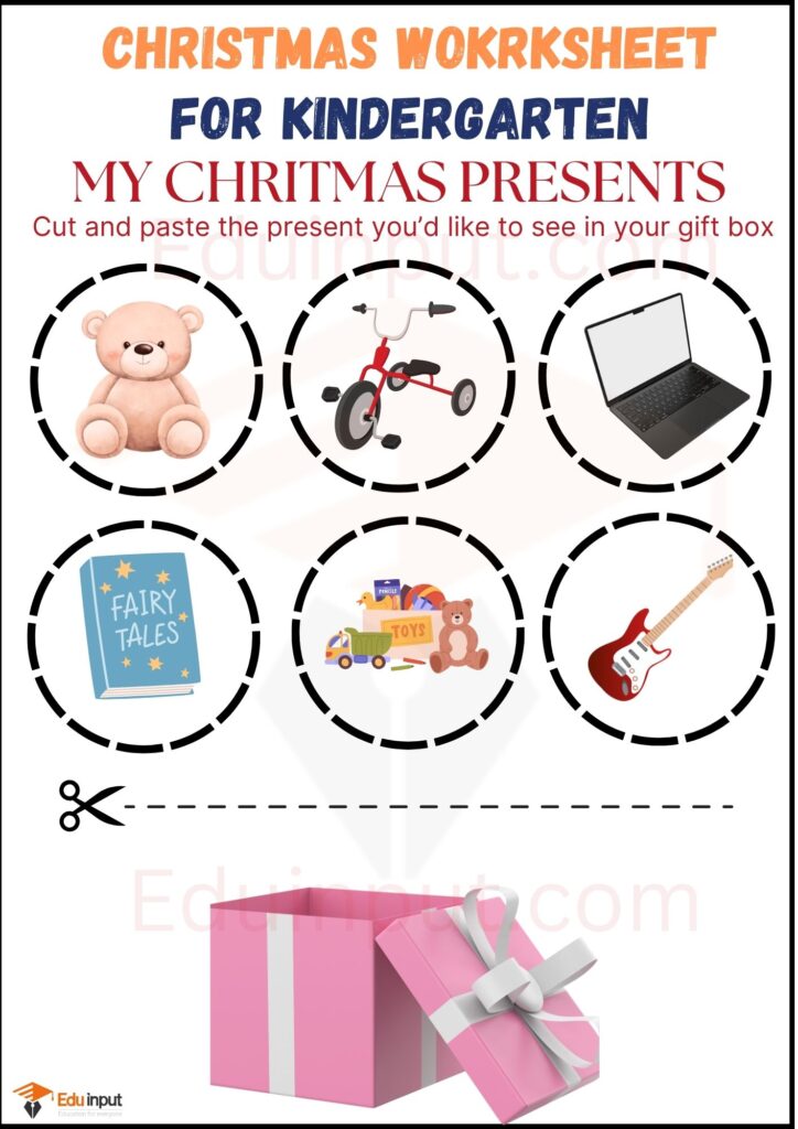 Cut and paste worksheet of christmas day for kindergarten