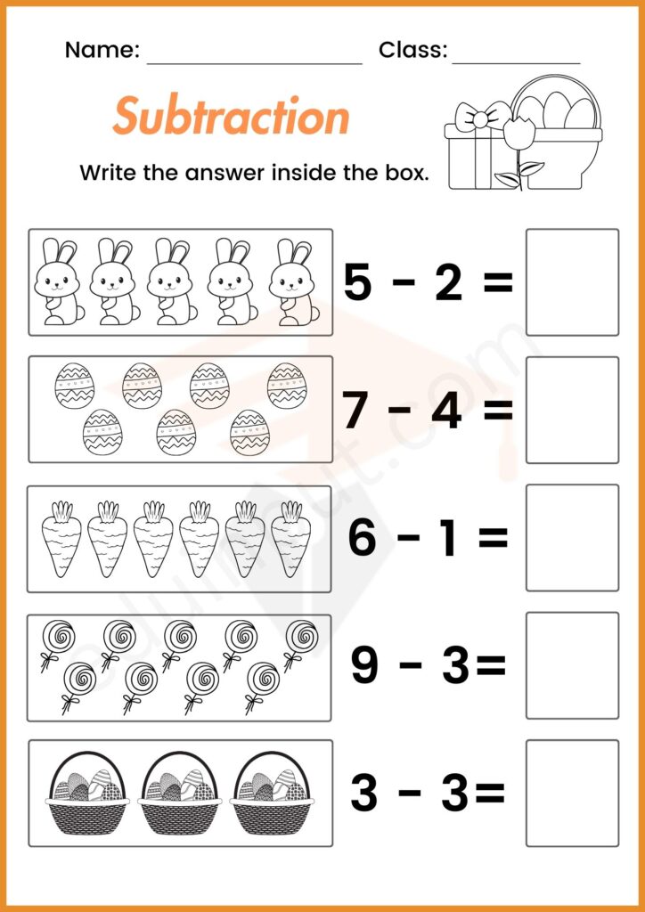 Easter subtraction worksheet for kindergarten