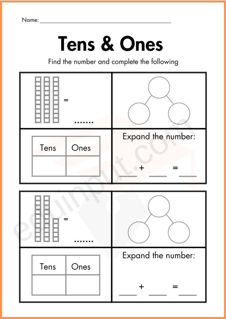 Find and fill worksheet of Tens and Ones