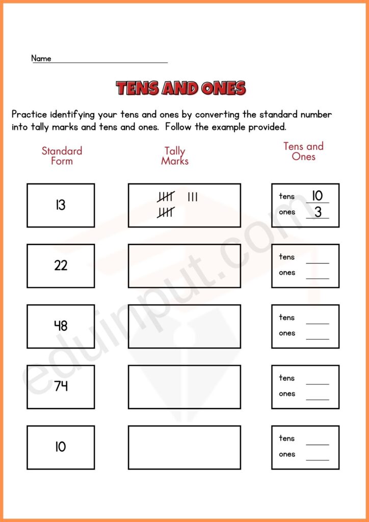 Identifying tens and Ones worksheets