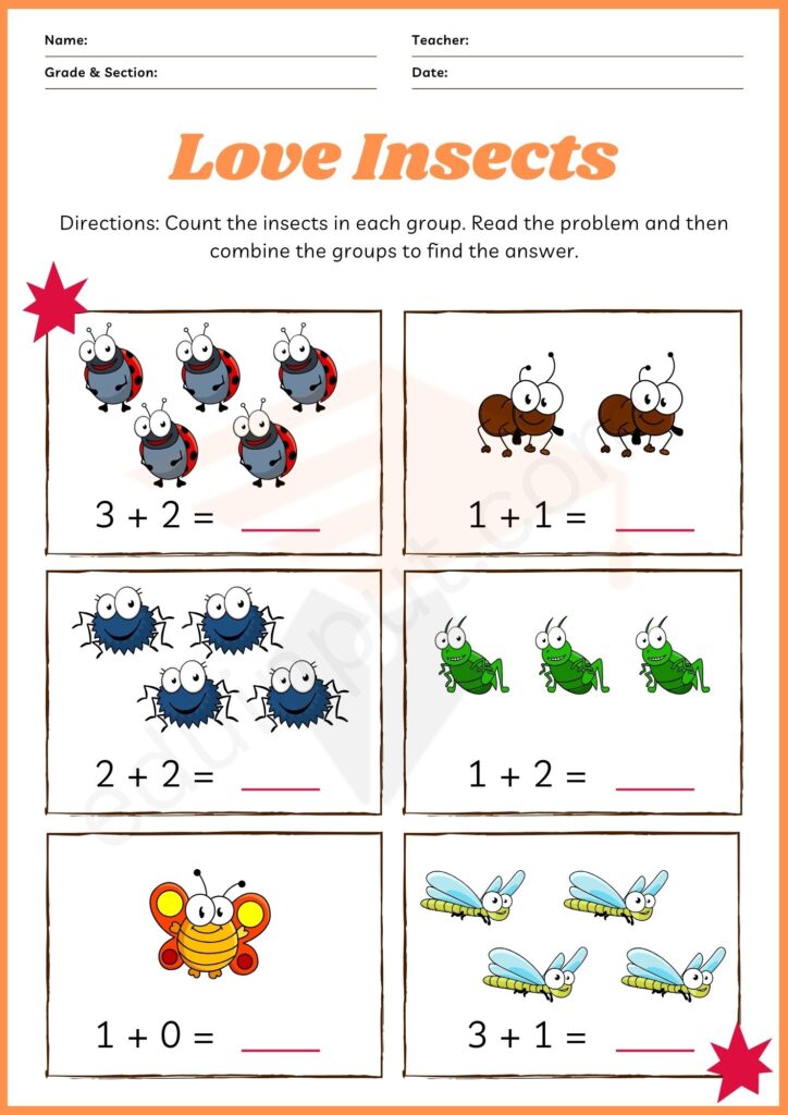 Insects addition worksheets for kindergarten