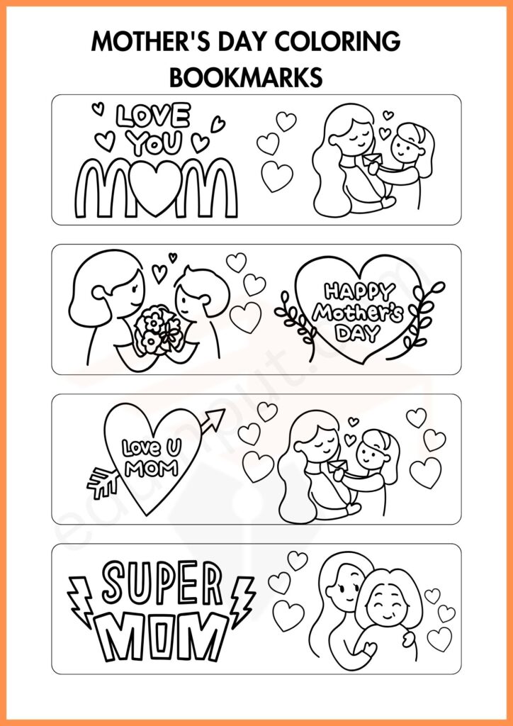 Mother's day coloring bookmarks worksheet for kindergarten