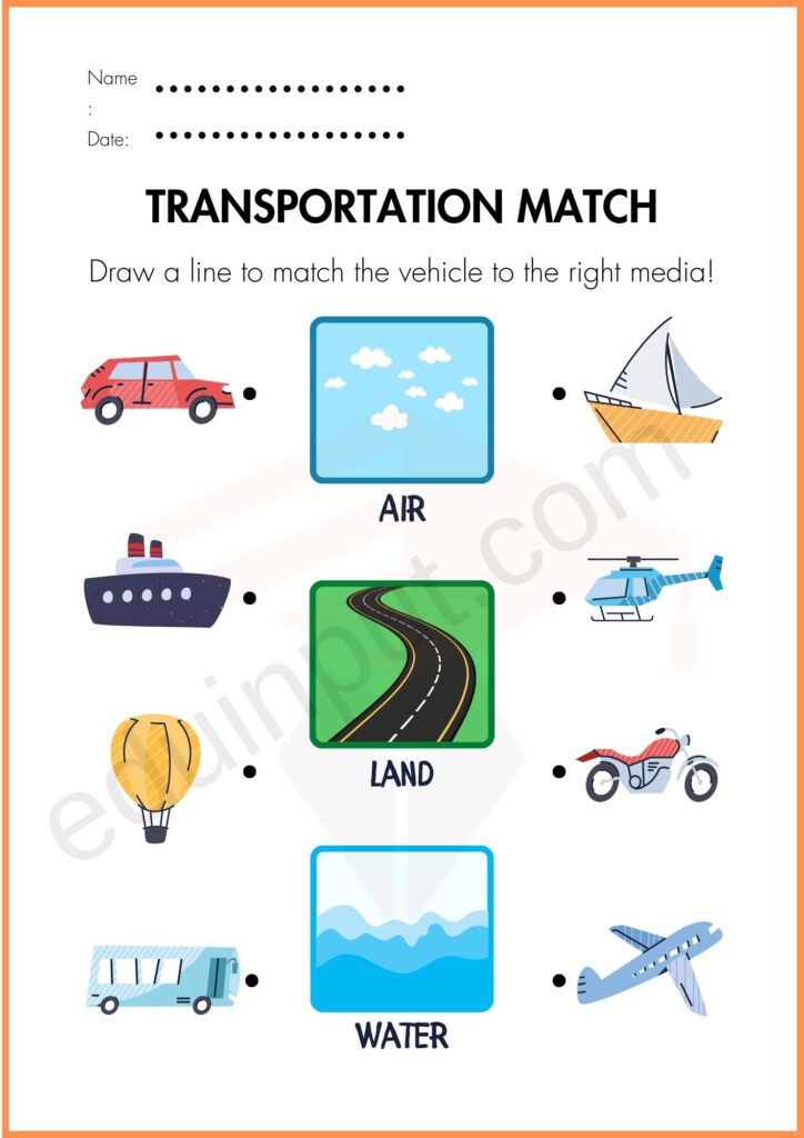 Matching worksheet of transportation