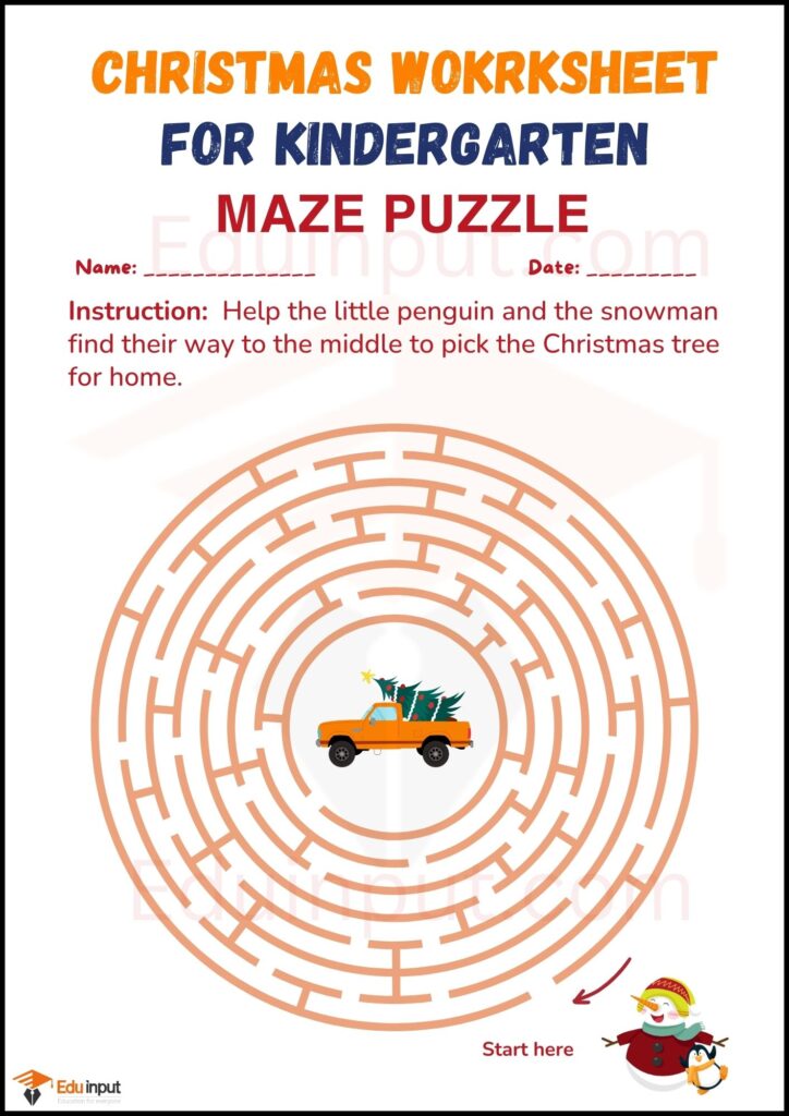 Maze puzzle worksheet of Christmas day for kindergarten