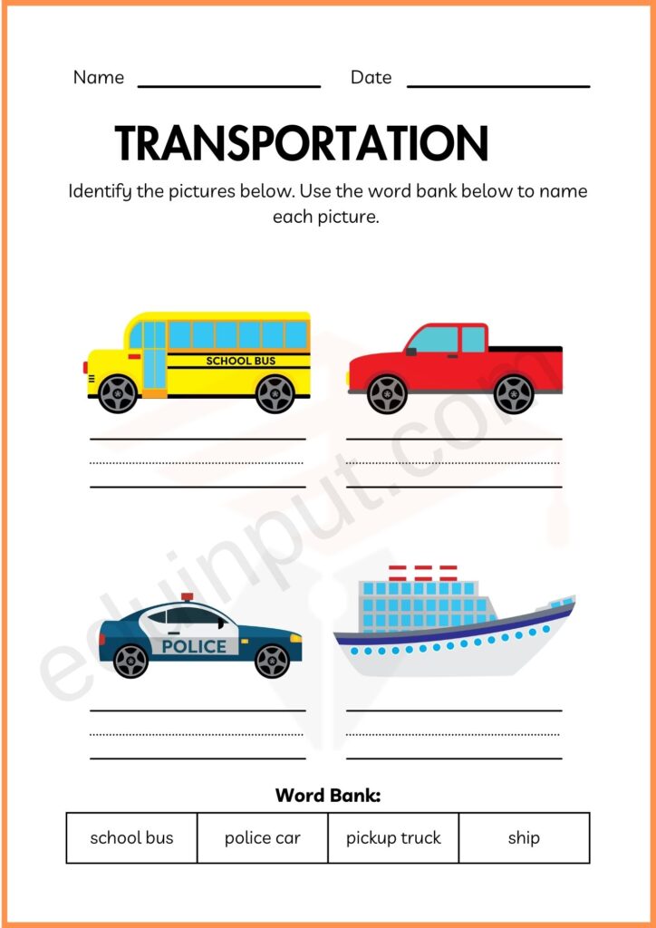 Name means of transportation worksheet