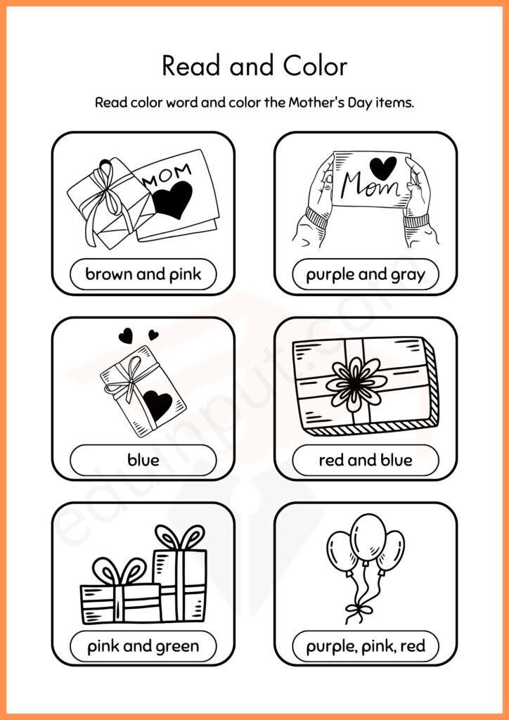 Read and color mother days item worksheet for kindergarten