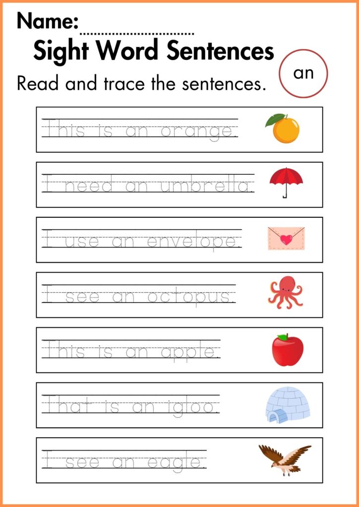 Read and trace the sentences worksheet for kindergarten