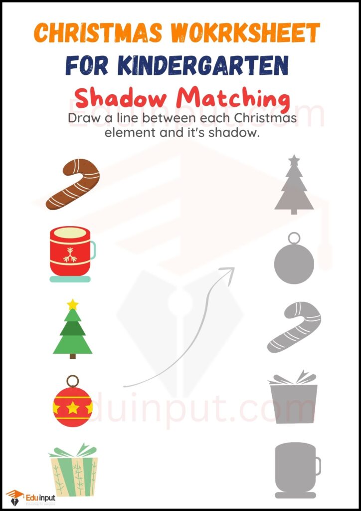 Shadow matching worksheet of christmas day for kindergarten