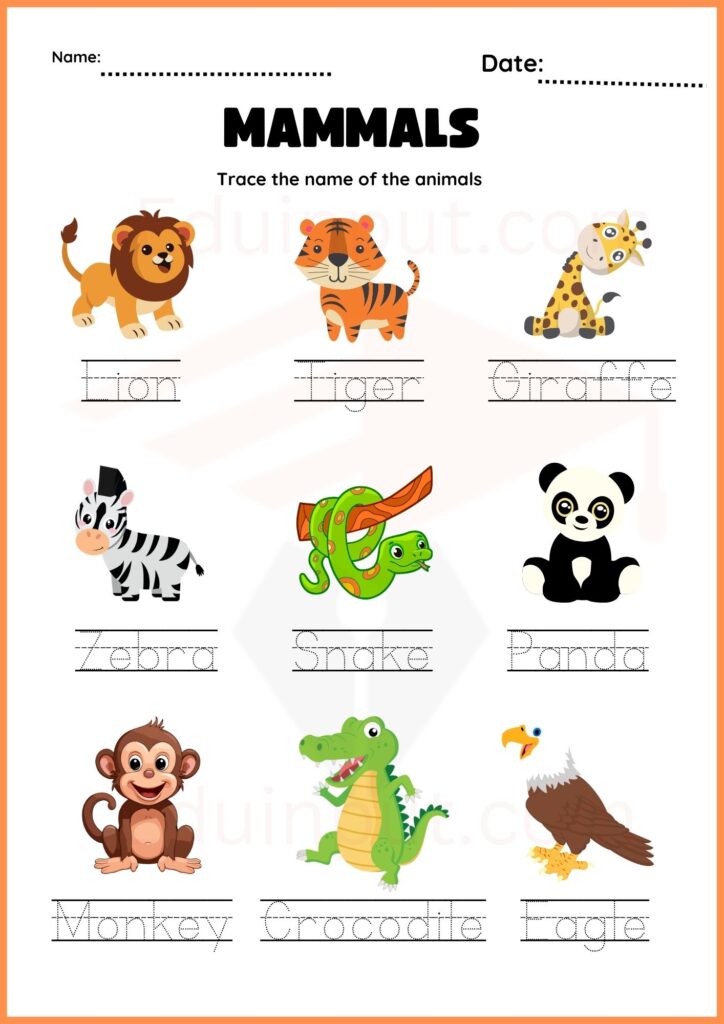 Tracing worksheet of mamals for kindergarten