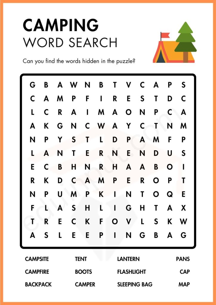 Word search camping worksheet for kindergarten