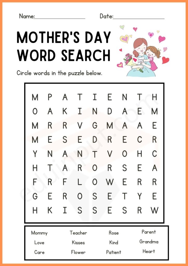 Word search mother day worksheet