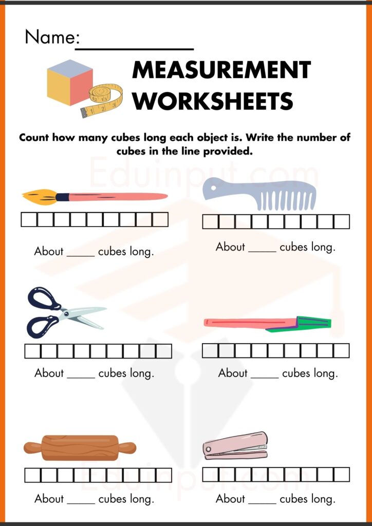 Count how many cubes long each object is. Write the number of cubes in the line provided. worksheets 3