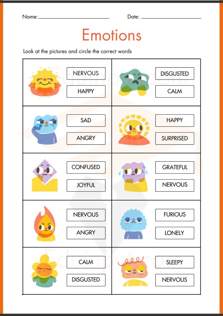 Look at the picture and cricle correct word emotion worksheets 2