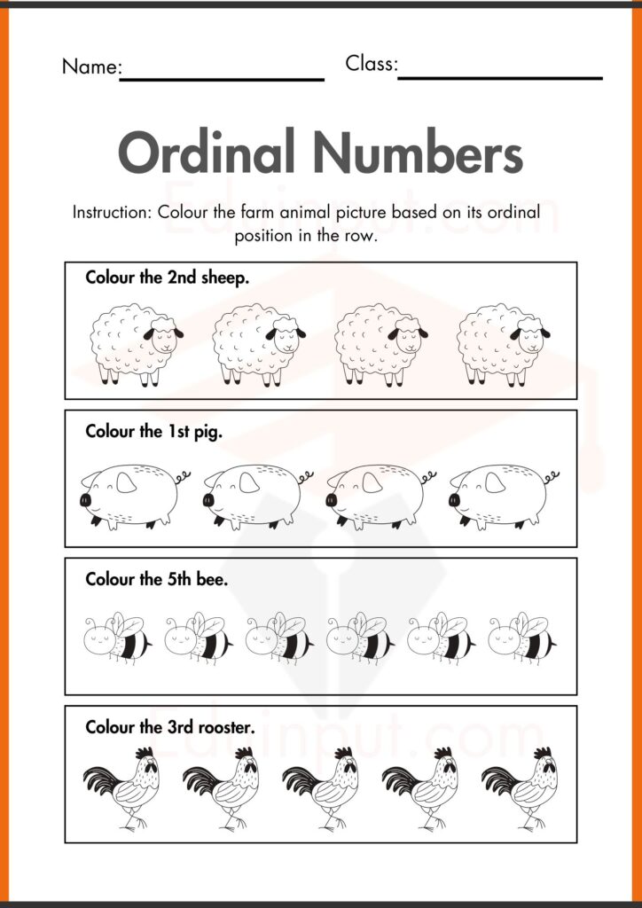 color the animal and picture Ordinal Numbers worksheets 2