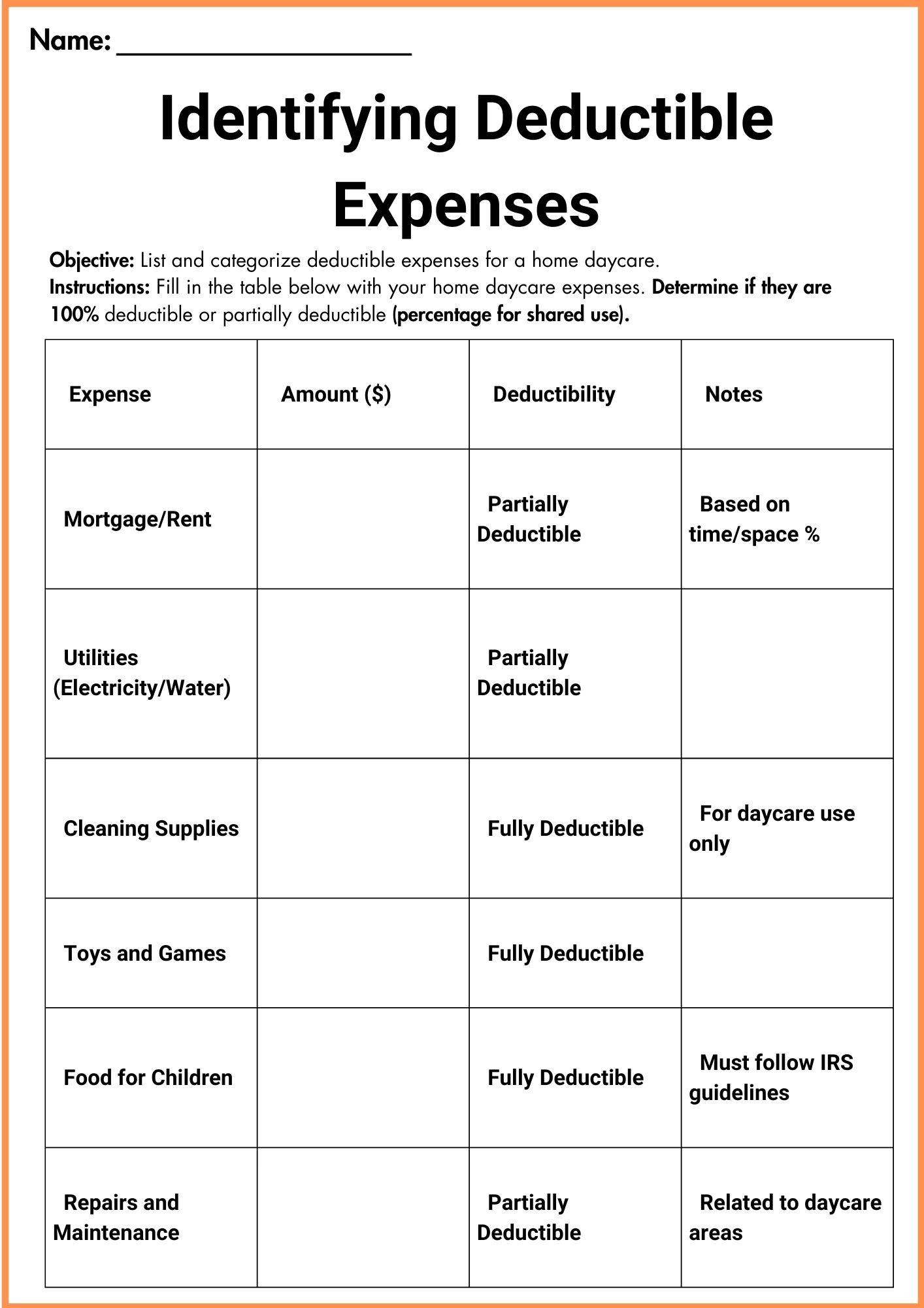 In Home Daycare Tax Deduction Worksheet