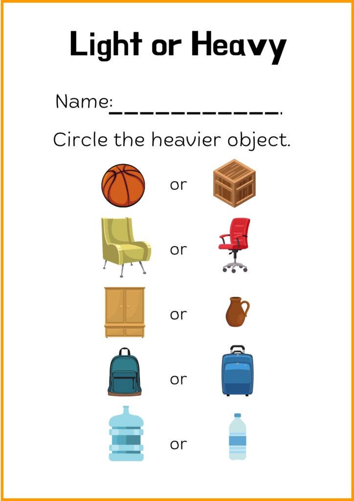 image showing cricle worksheet on heavy and light  