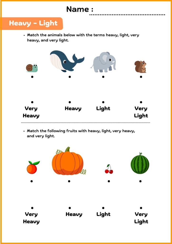 image showing match worksheet on heavy and light 