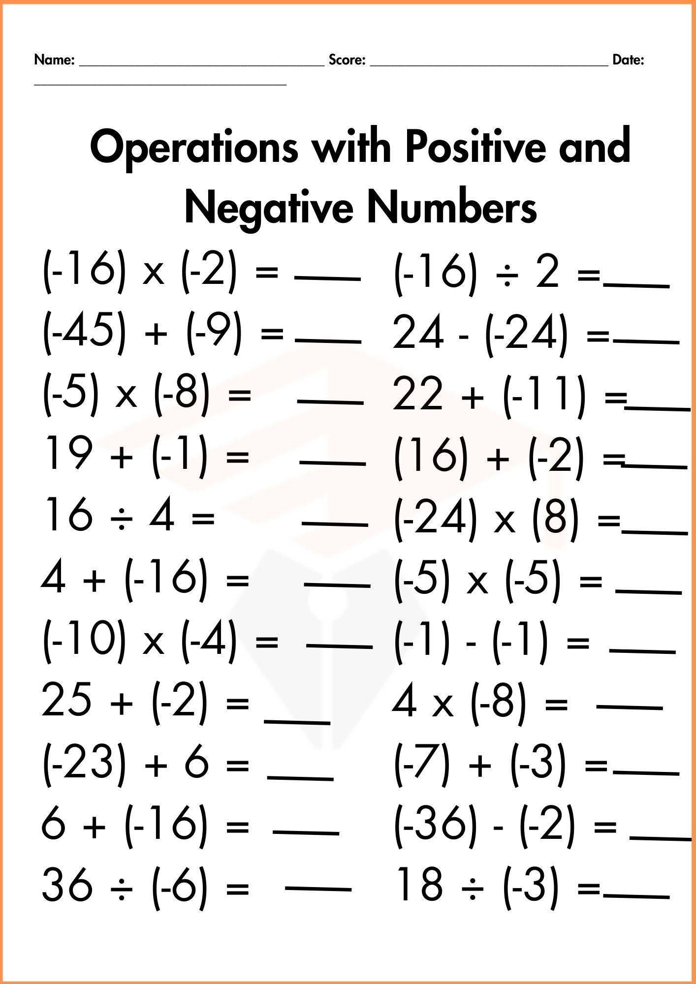 Integer Operations Worksheet