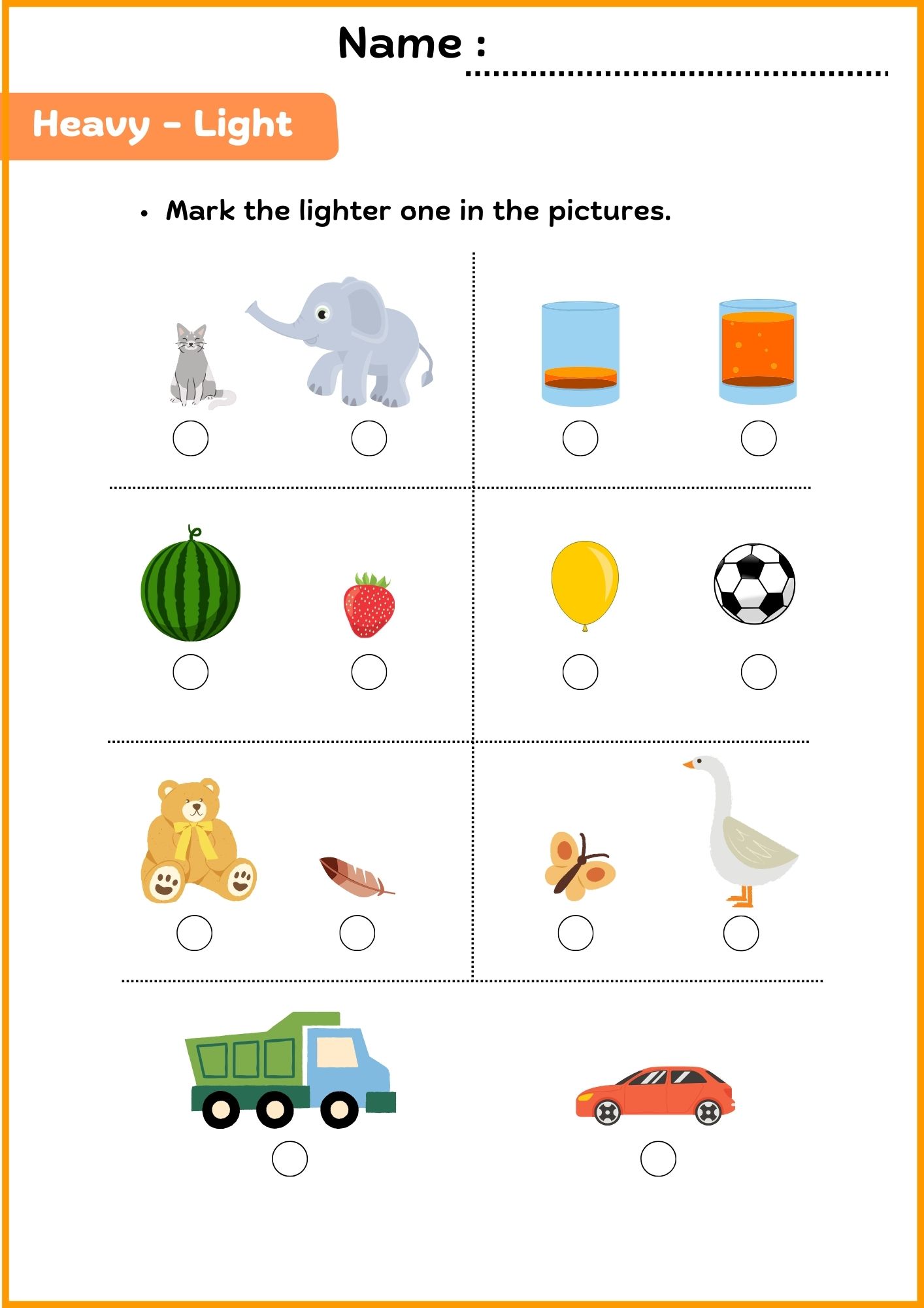 Worksheet on Heavy and Light for Kindergarten