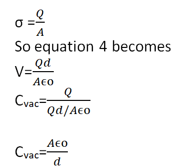 image showing the equation of The capacitance of a parallel plate capacitor