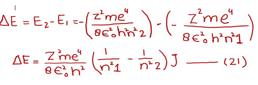 image showign FORMULA OF ENERGY DIFFERENCE after Subtracting equation (19) from (20)