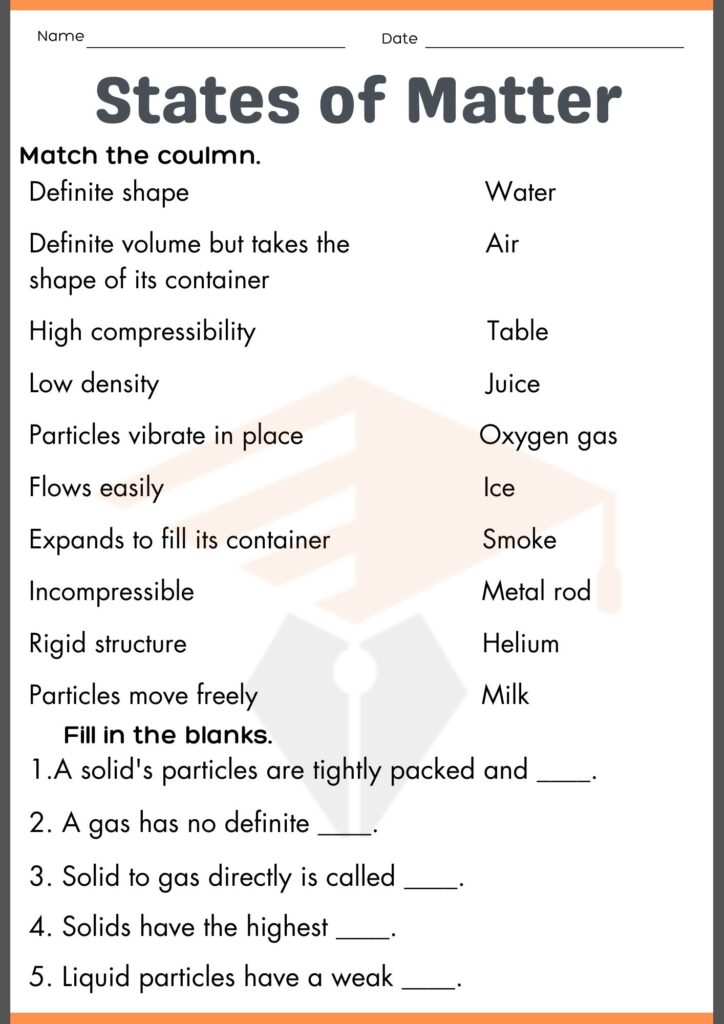 States of Matter worksheet for grade 6