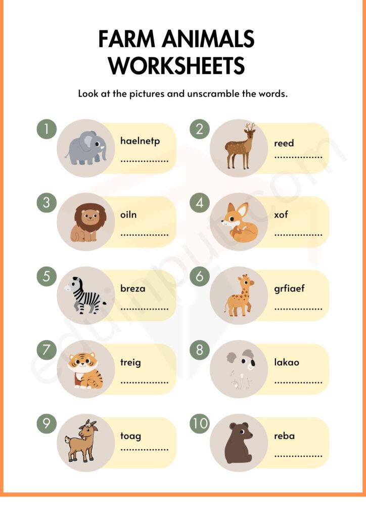 Farm Animals words unscrambling worksheets