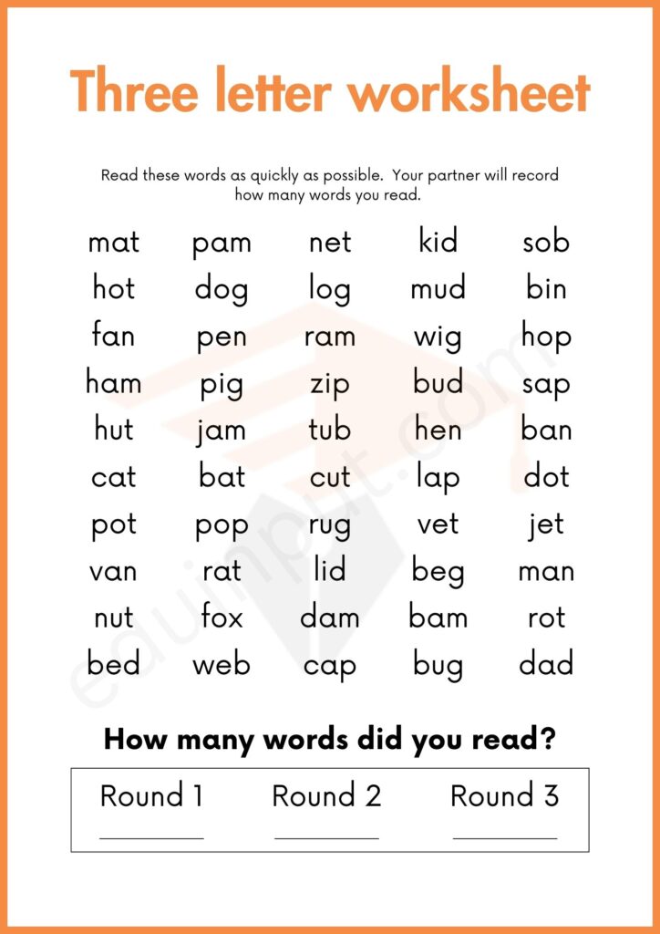 Quickly read words worksheets for kindergareten