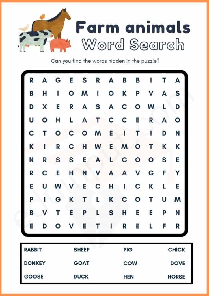 Word Search farm animal worksheets