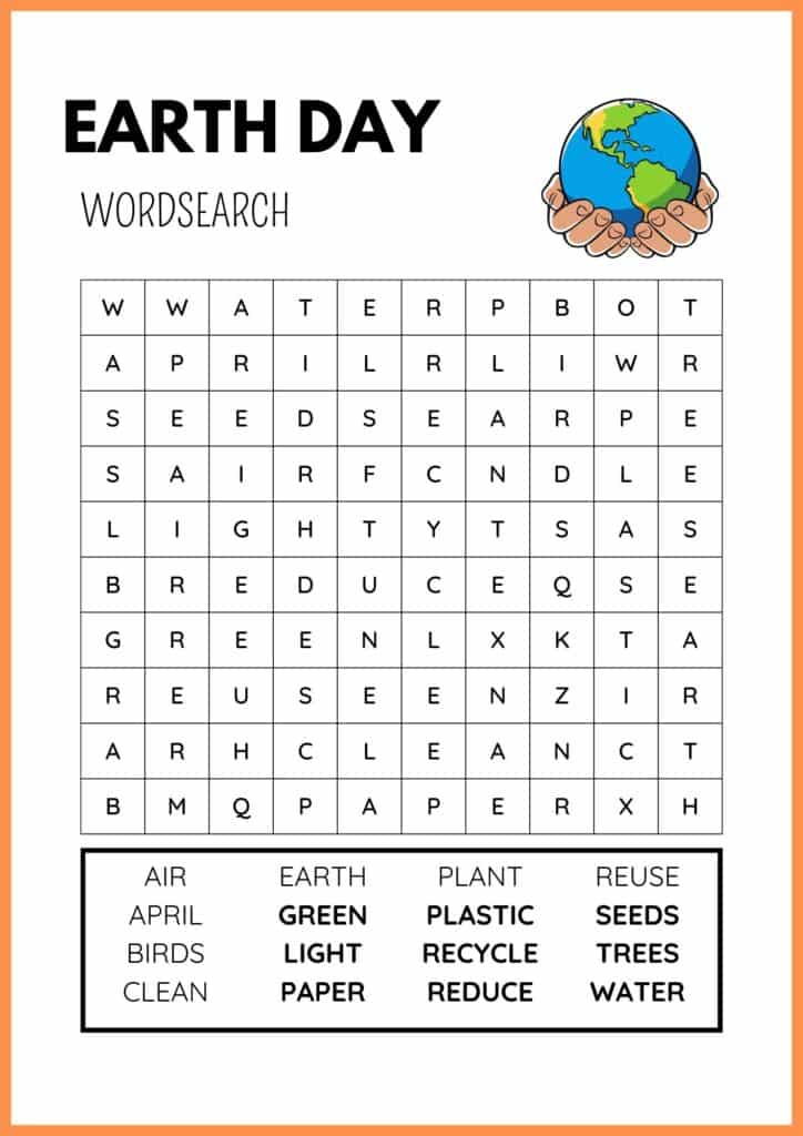 Word search earth day worksheet for kindergarten