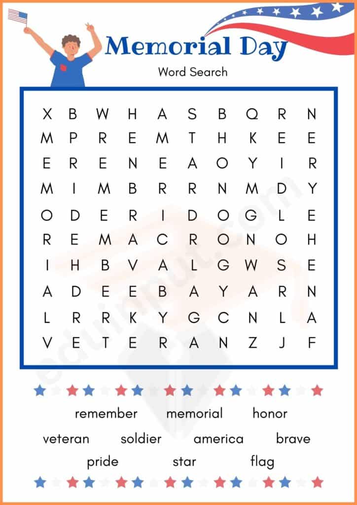 Word search Memorial day worksheet for kindergarten