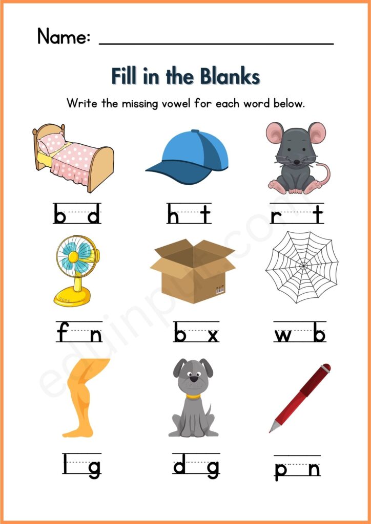 Write missing vowel worksheet for kindergarten