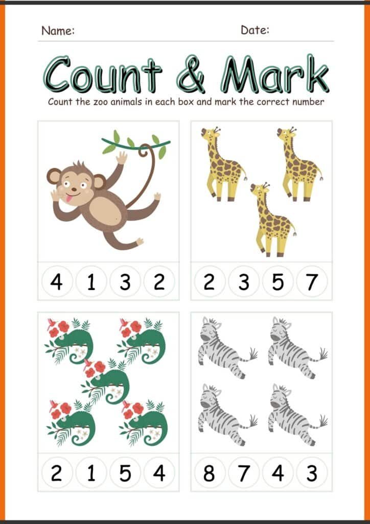 Count Mark zoo animal worksheets 2