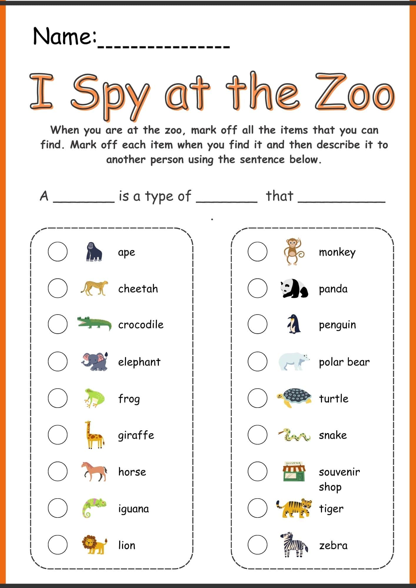 Zoo Animal Worksheets for Kindergarten